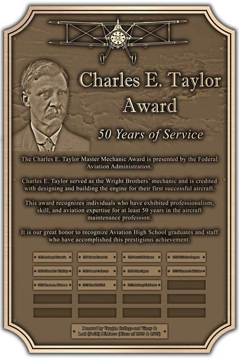 A 50 years of service bronze aviation recognition plaque with removeable mames