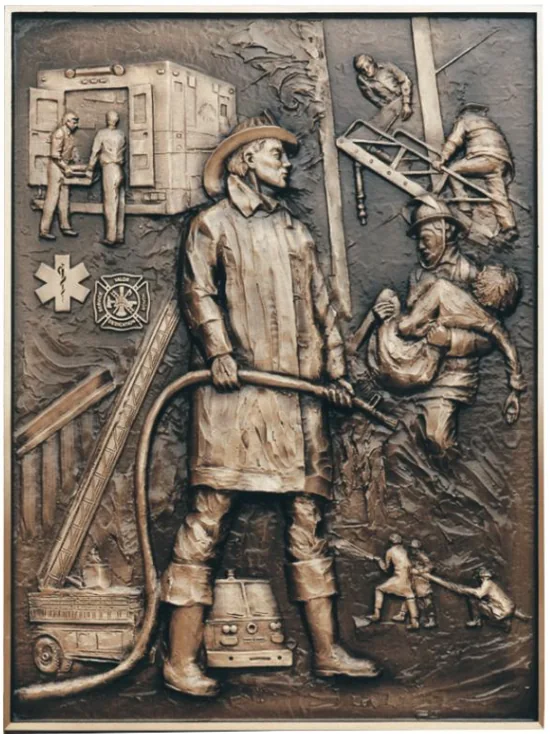 Sculpted bas relief bronze memorial of a firefighter with rescue, ladder, and ambulance scenes