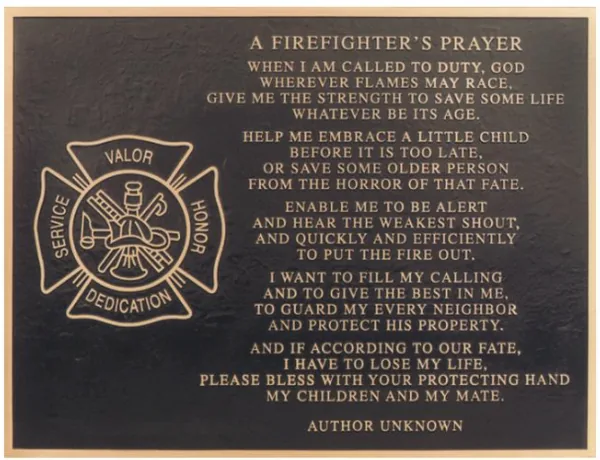 Bronze A Firefighter&rsquo;s Prayer plaque with a Maltese cross marked Service, Valor, Honor, and Dedication