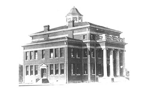 historic photo of a courthouse that was engraaved on a bronze plaques