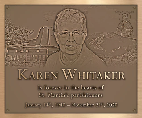 Bronze church memorial plaque with an engraved portrait photograph, the church building, and a patron-saint emblem.