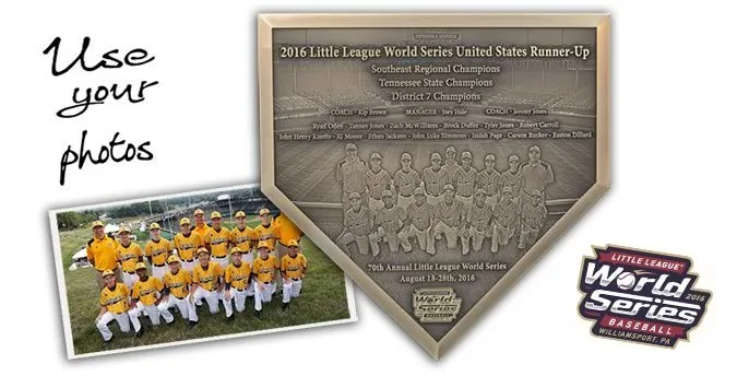 Baseball championship team on a home plate plaque.