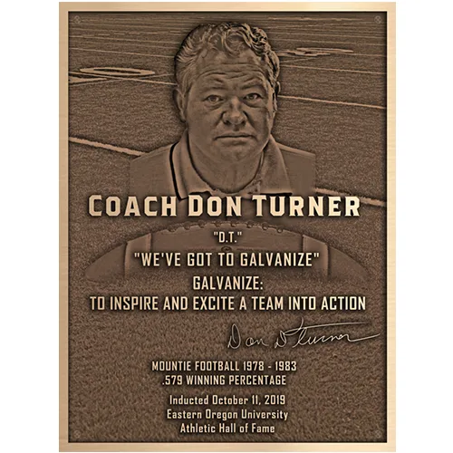 A bronze plaque in the shape of a home plate used to recognize the career wings of a baseball coach.