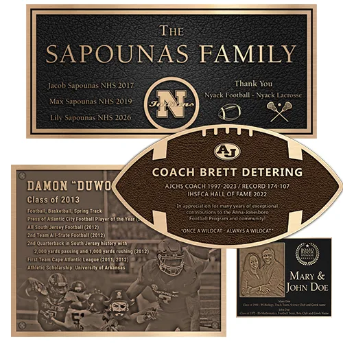 Collection of bronze Youth Football Plaques in various designs, including football-shaped plaques, ideal for recognition, sponsorship, memorials, or fundraising.