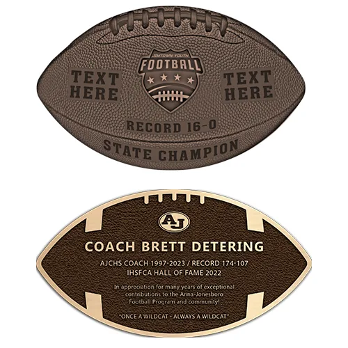 Bronze Football-Shaped State Champions Plaque featuring engraved team name, championship year, and details, ideal for celebrating historic victories.