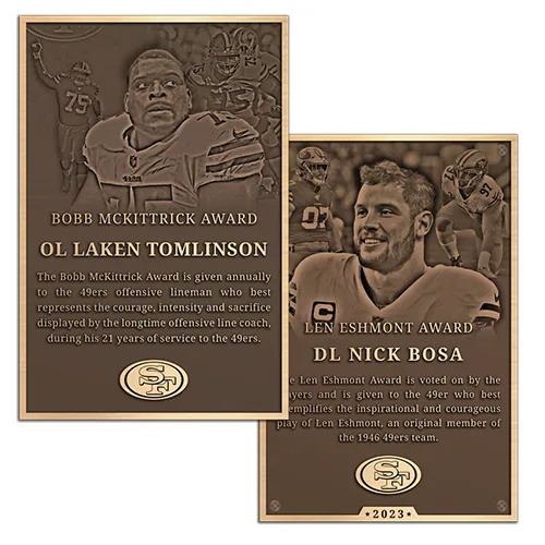 Bronze Football Team Hall of Fame Plaque featuring engraved player portraits, names, and career highlights, honoring legendary team members.