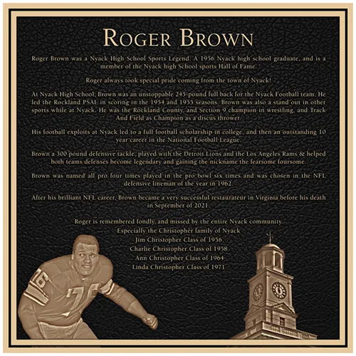 Bronze High School Sports Legend Plaque with engraved name, photo, and achievements, honoring outstanding athletes and their legacy.