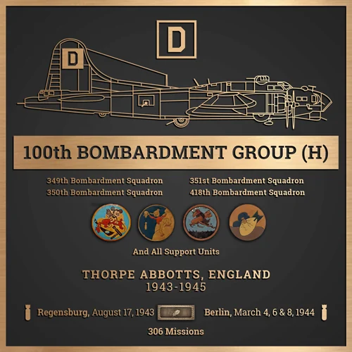 Bronze heritage plaque for the 100th Bombardment Group with four hand-painted squadron insignia
