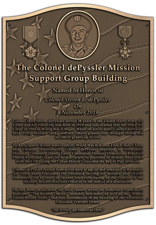 Bronze military dedication plaque for Colonel dePyssler