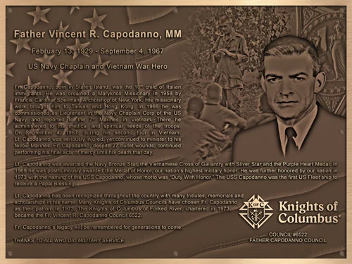 Bronze memorial plaque for Father Vincent Capodanno with Medal of Honor in cast relief