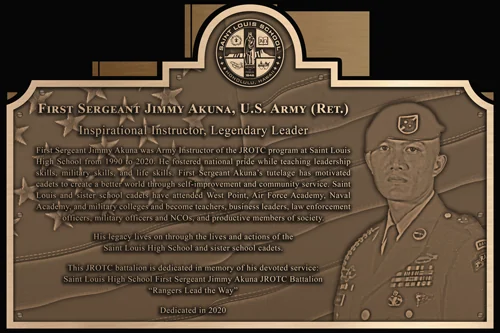 Bronze JROTC dedication plaque honoring First Sergeant Akuna