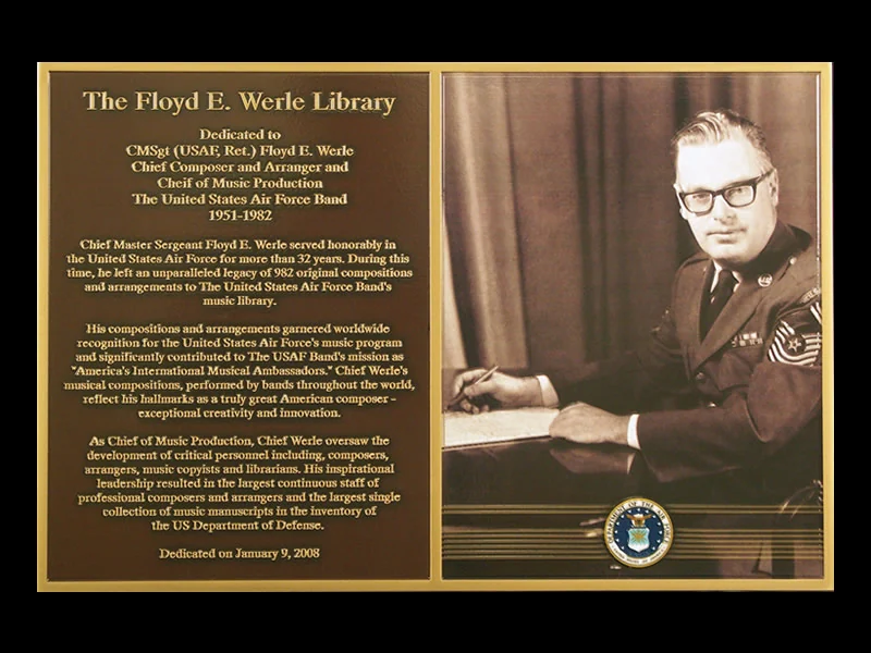 Bronze dedication plaque for the Floyd E. Werle Library at the United States Air Force Band