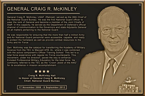 Bronze dedication plaque for Craig R. McKinley Hall, honoring the 26th Chief of the National Guard Bureau