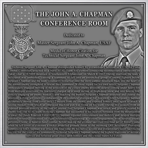Bronze dedication plaque for the John A. Chapman Conference Room with Medal of Honor citation