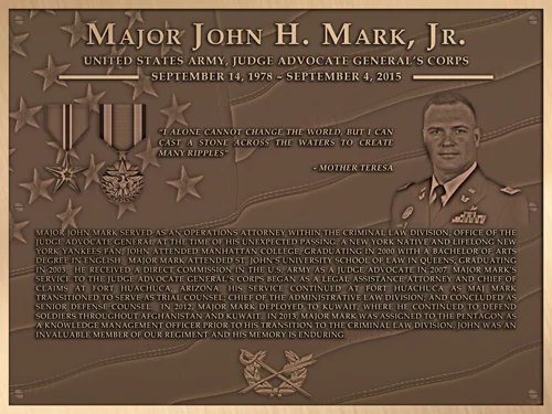 Bronze memorial plaque honoring Major John Mark of the Judge Advocate General's Corps