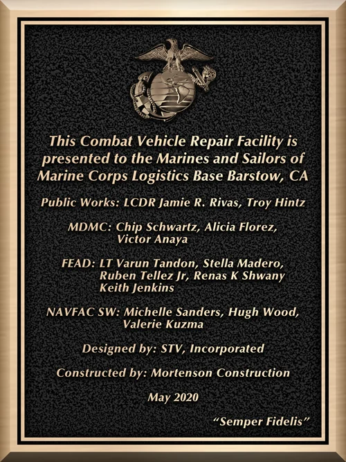 Bronze facility plaque for the Combat Vehicle Repair Facility at Marine Corps Logistics Base Barstow
