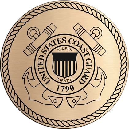 Recessed etched bronze U.S. Coast Guard seal on a flat brushed face