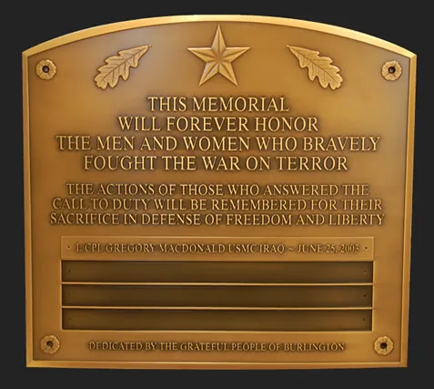 Bronze War on Terror memorial plaque for Burlington with engraved name bars that can be added over time